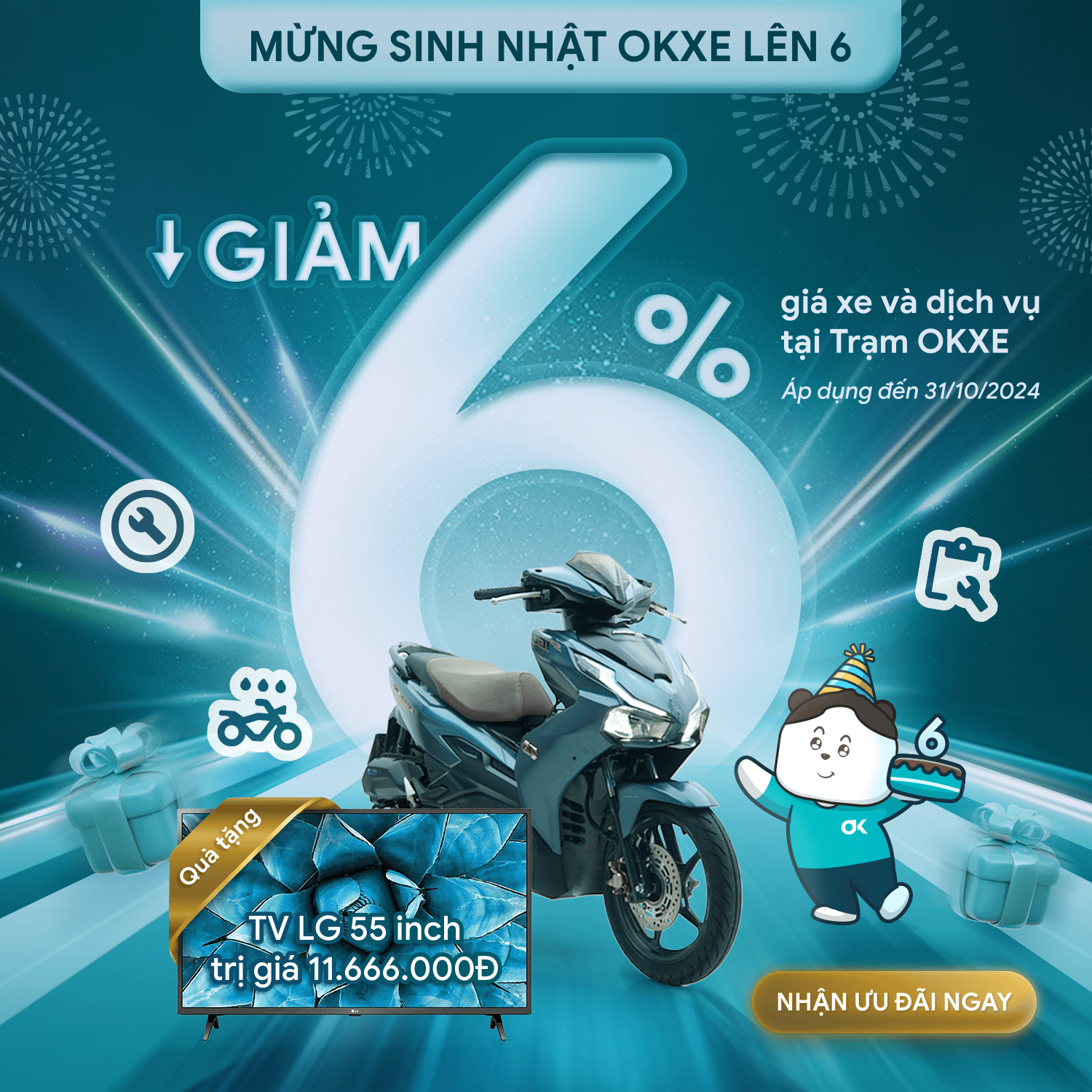 Mừng OKXE lên 6 giảm giá 6% tất cả dịch vụ tại Trạm OKXE